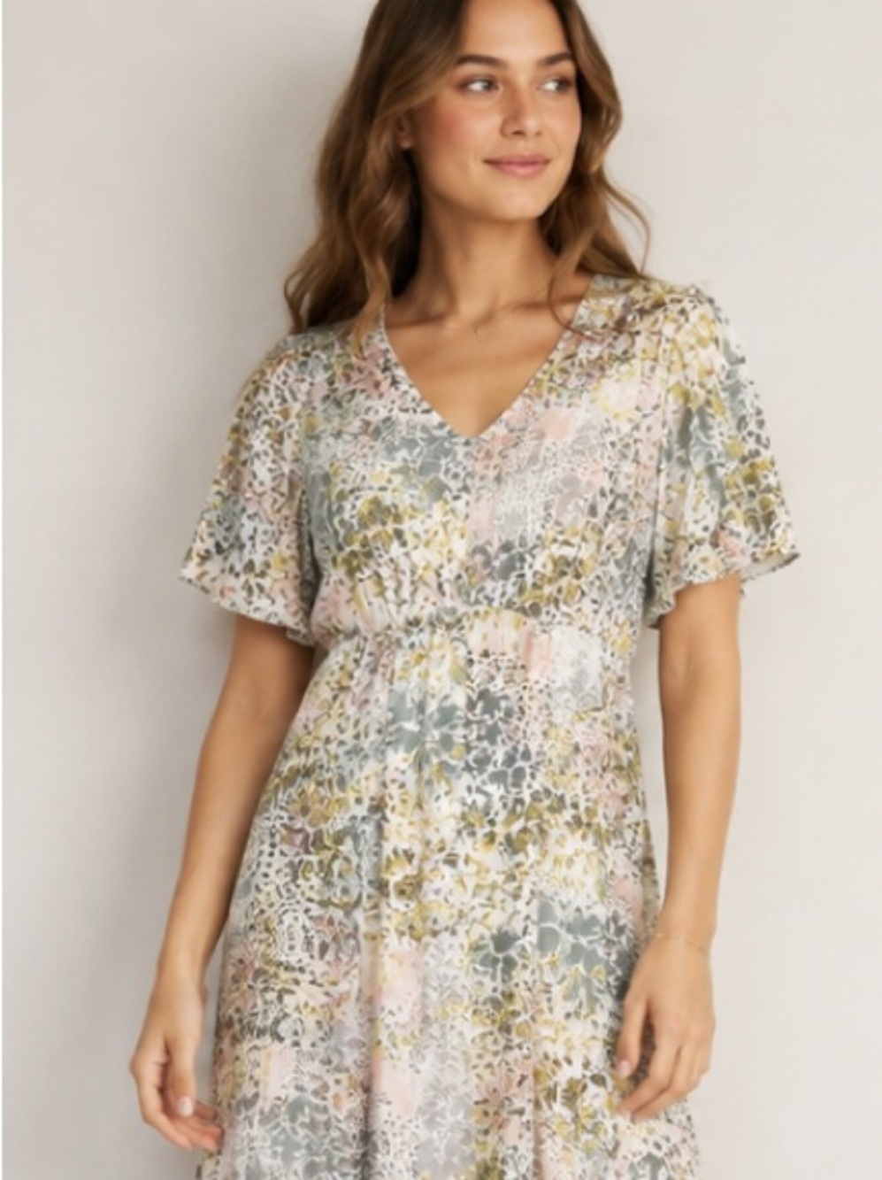 Mikarose Pastel Floral V-Neck Midi Dress